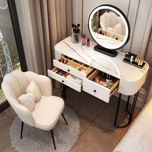 Modern Makeup Vanity Desk With Led Mirror <b>Gold</b> Legs Gray Fabric Chair For Bedroom <b>Dressing</b> <b>Table</b> - Product Image 2