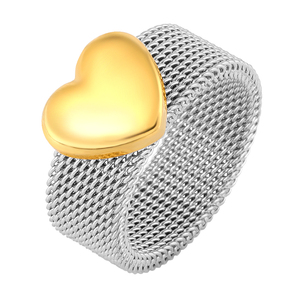 Bagues en maille en acier inoxydable étanche plaqué or 18 carats PVD bicolore avec cœur gonflé pour femme, bijoux de mariage - Product Image 1