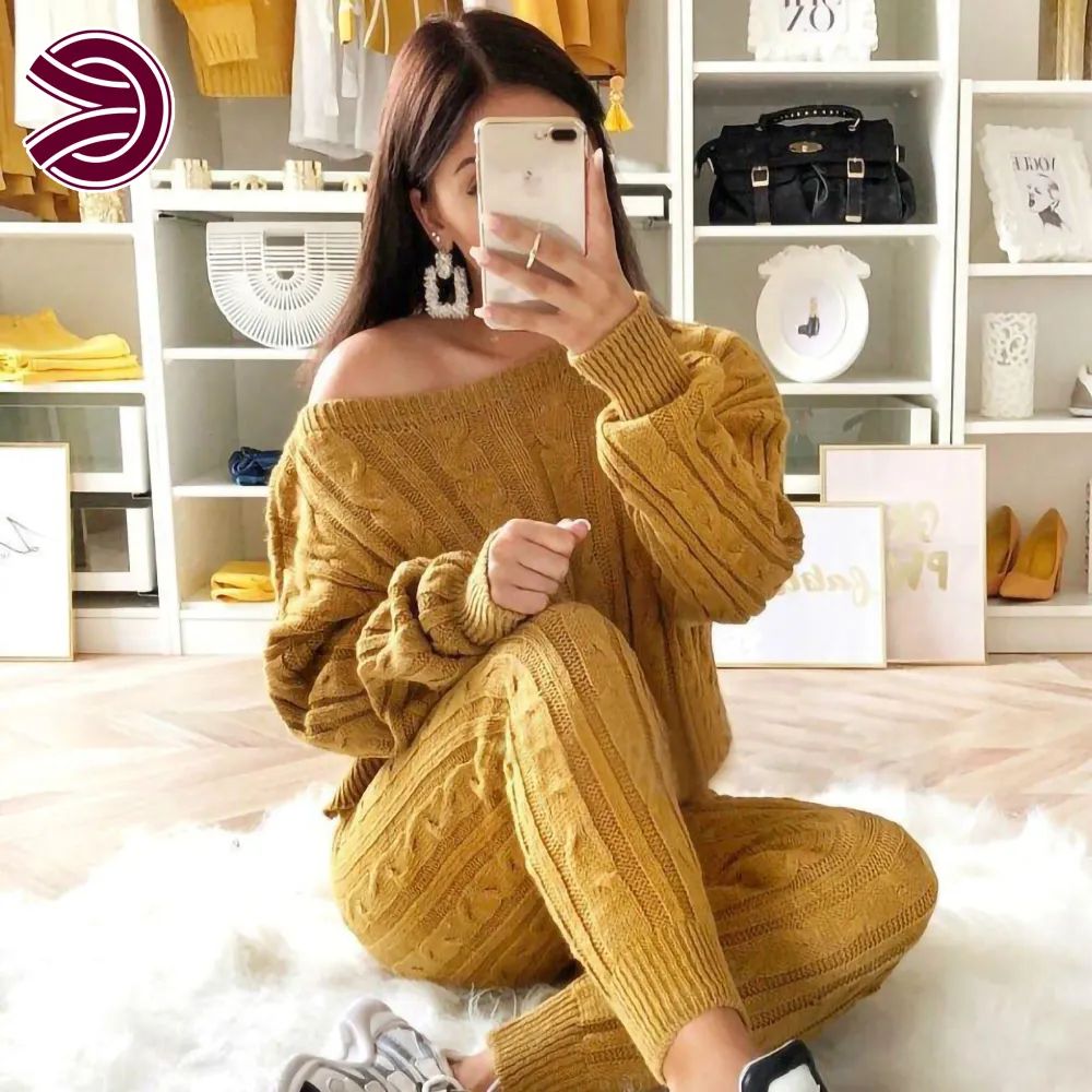 Plus Size Sweater Women Knitted And Pants 2 Piece Set Fall Winter Turtle Neck Sweater Women Outfit Pullover Ladies Sweaters Sets