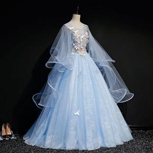 Sky Blue Ball Gown Evening Dress O-Neck Empire Waist Floral Print Puffy Skirt Student Art Exam Performance Costume - Product Image 2