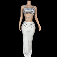 Ensemble de tenues 2 pièces avec gilet en strass blanc de créateur, jupe longue, robe de soirée d'anniversaire et de vacances pour femmes, tenue de club, robe de soirée de bal