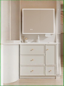 Meuble de salle de bain intelligent en aluminium nid d'abeille avec vasque intégrée en céramique style crème française et acier inoxydable - Product Image 1