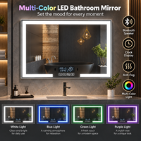 Miroir de courtoisie mural multifonction avec audio sans fil, affichage de l'heure, fonction anti-buée, panneau tactile et éclairage d'ambiance RVB