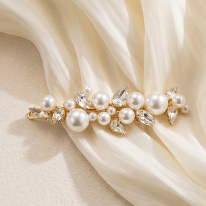 Barrette à cheveux de <span class=keywords><strong>mariée</strong></span> en perles et cristaux, plaquée or, avec feuilles, perles et strass – Accessoire de <span class=keywords><strong>coiffure</strong></span> élégant pour mariées - Product Image 4
