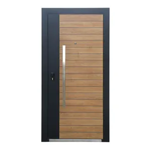 Porta de aço de madeira luxuosa personalizada para casas, porta de metal blindada externa com alça grande