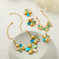 Set Perhiasan Wanita Batu Mata Kucing Bunga Baja Anti Karat untuk Pesta - Kalung, Gelang, Anting, Cincin