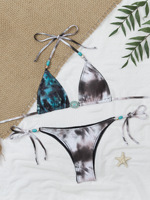 Ensemble bikini triangle léopard vintage avec pierres turquoise, liens latéraux, style bohème, maillot de bain deux pièces pour femme, service OEM de haute qualité