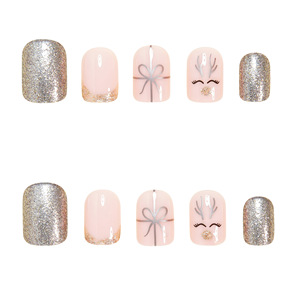 Uñas postizas de Navidad con diseño de lazo de regalo, cuernos y purpurina fina, puntas francesas lindas y sencillas, para fiestas navideñas, salón o DIY - Product Image 4