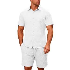 Ensemble chemise et short jacquard blanc pour homme, tenue décontractée d'été en deux pièces pour les loisirs - Product Image 1