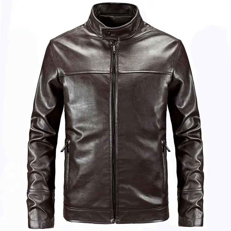 Wholesale Mens Casual Leather Jacket Autumn Winter Fashion Thicken Fleece Lined Jacket Brown Color Leather Jaket