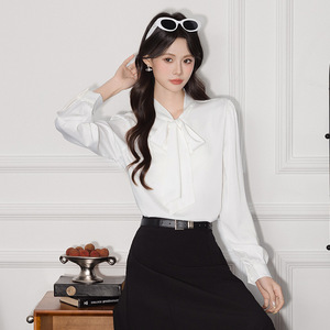White Long Sleeve Satin Blouse With Bow Tie For Commuting Spring Autumn French Style Women's Shirt Solid Color Polyester Q132 - Product Image 3