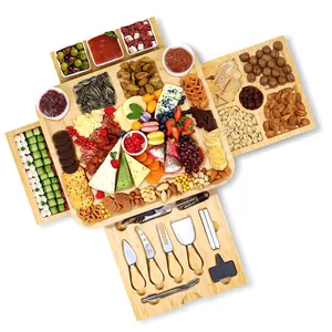 GL大型熟食店竹奶酪板服务托盘拼盘，带4个隐藏抽屉和奶酪刀，适合家庭使用