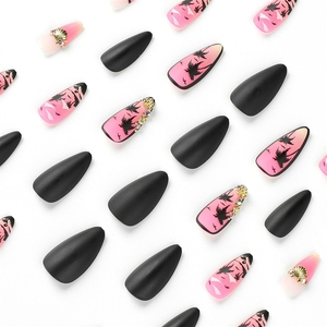 Faux ongles à presser en acrylique 3D de haute qualité, motif cocotier noir et mouette dorée, vente en gros - Product Image 3