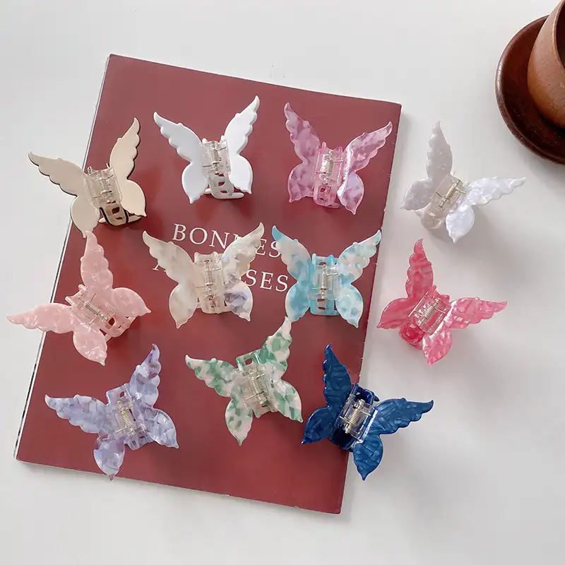 New Trending Cute Butterfly Hair Accessories Transparent Glitter Color Non Slip Marble Acetate Hair Claw Clips For Women Girls