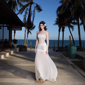 Sheer Mesh Strapless Dress White Natural Waistline Beach Cover Up Solid Color YX-8086 - Product Image 2