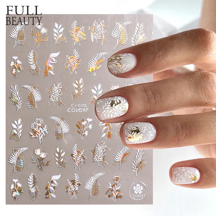 Full Beauty White Gold Leaves 3D Nail Stickers Bronzing Flowers Gradient Adhesive Decals Cute Spring Summer Sliders For Nail Art