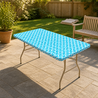 Nappe jetable rectangulaire imperméable en PEVA à bords élastiques, motif diamant bleu ciel et blanc, pour événements (vente en gros)