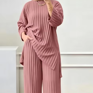 HANO islamico musulmano da donna a manica lunga pantaloni larghi Set tinta unita Casual Arabian Tuerqi 2 pezzi Set semplice - Product Image 1