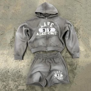 Custom Printed Autumn Fleece Street <strong>Style</strong> Hoodies and Shorts Sets Sun Faded Washed Zip-Up <strong>Tracksuit</strong> for Men - Product Image 3