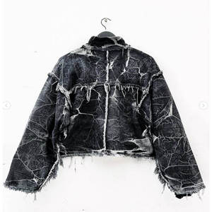 Chaqueta vaquera de manga acampanada con <span class=keywords><strong>flecos</strong></span> recortada de gran tamaño con bolsillo de carga lavado ácido Vintage envejecido personalizado de peso pesado - Product Image 5