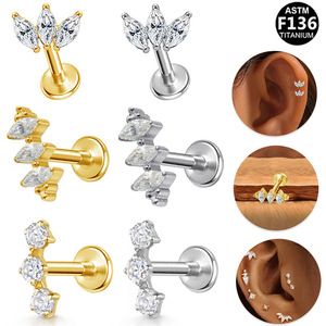 <b>Titanium</b> Beauty Flower Shape Zircon <b>Stud</b> Earrings For Ear Cartilage And Lip Piercing ASTM F136 <b>Titanium</b> Alloy Jewelry - Product Image 1