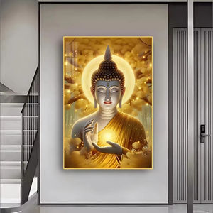 Peinture murale décorative en porcelaine, art moderne luxueux, avec cadre de chakras dorés pour la méditation religieuse indienne, ornée de cristaux de diamant. - Product Image 2