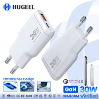 Cargador HUGEEL OEM GaN de 30W con Mini Cargador Rápido PD Ultra Delgado Tipo C para Teléfono y Tableta, Adaptador de Pared con Enchufe Europeo