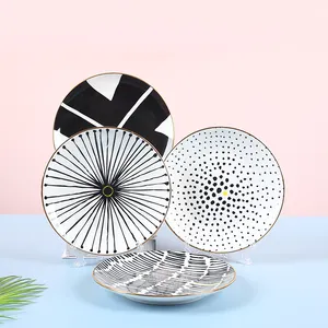 8 Inch Under Glazed Custom Geometry Decal Plates Sets Dinnerware Round Ceramic Charger Plates with Gold Rim