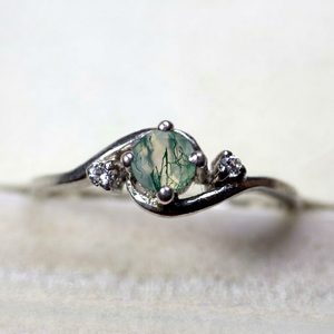 Bague vintage en agate mousse, coupe ronde, pierre précieuse naturelle, argent sterling 925, bijoux faits à la main, cadeau d'anniversaire pour elle - Product Image 1