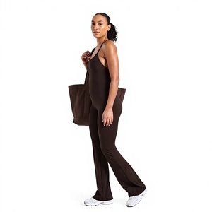 Brown Seamless Yoga <b>Jumpsuit</b> High Waist Spaghetti Strap Full Length Solid Color Breathable Women's <b>Workout</b> Wear - Product Image 1