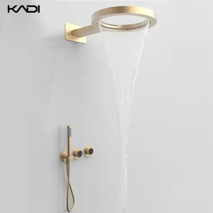 Modern Thermostatic Brass Bath <strong>Shower</strong> Faucet Set In-Wall Rain <strong>Shower</strong> <strong>Head</strong> Brushed Gold Finish Waterfall Soft Spray For - Product Image 1