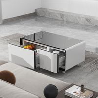 Table basse intelligente pour salon avec 2 tiroirs réfrigérants, plateau en verre trempé, ports USB, haut-parleur musical, charge sans fil