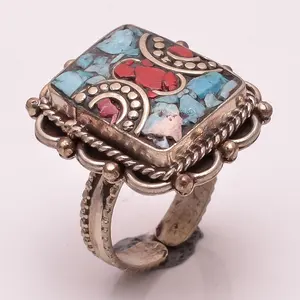 천연 터키석 산호 보석 반지, 티벳 실버 네팔 골동품 반지, 도매 보석