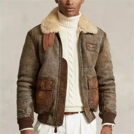 PU Leather-Trim Wool High Neck Shearling Bomber Vintage Washed Winter Leather Jacket For Man