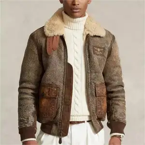 PU Leather-Trim Wool High Neck Shearling Bomber Vintage Washed Winter Leather Jacket For Man
