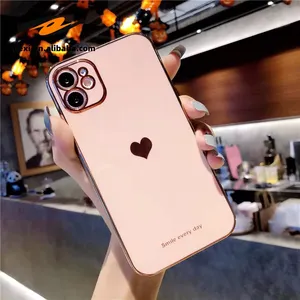 Electroplated Love Heart Logo Phone Case For IPhone 15 14 13 12 11 Pro Max Soft Plating Camera Protective Back Cover