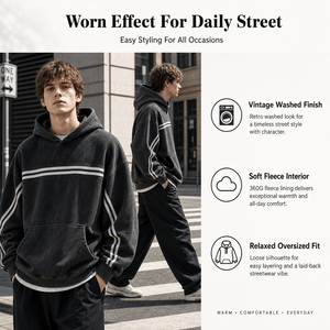 Sudadera con capucha para hombre al por mayor, de 360G, de peso pesado, estilo vintage lavado, forro polar, oversize, streetwear, con rayas en contraste, tipo jersey. - Product Image 2