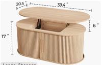 Meilleure Vente : Table Basse Ovale en Bois Cannelé avec Plateau Relevable, Rangement et Porte Tambour Coulissante, Table Centrale de 39 pouces