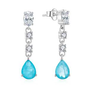 أقراط متدلية مجوهرات من الفضة الإسترلينية مضادة للحساسية مع أحجار كريمة زرقاء على شكل دمعة وثلاثة أحجار زركونيا شفافة للنساء - Product Image 1