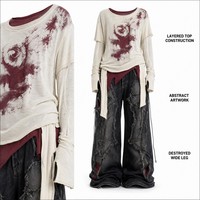 Jean baggy à imprimé abstrait superposé, coupe oversize, jambe large, effet usé, bordeaux, avec poches, style streetwear, vente en gros, personnalisable OEM ODM