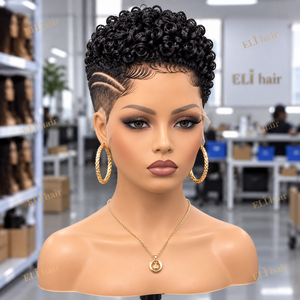 Parrucca in Capelli Umani con Taglio Pixie, Pronta per la Spedizione, in Stock, Completamente in Pizzo, Corta e Riccioluta, Senza Colla, Pre-Plucked, Nera Naturale per Donne di Colore - Product Image 5