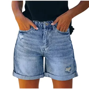 Shorts jeans femininos de bolso, calças jeans casuais femininas de cano de fundo, calças jeans lavadas, moda feminina de 2024, novidade