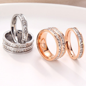 Anel de titânio de aço cheio de diamante, para casal, para casal, unissex, fileira dupla, de diamante, anel de noivado - Product Image 2