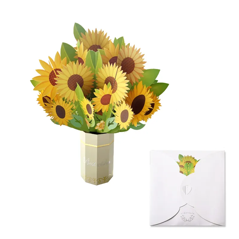 Zeecan handmade SunFlowers bouquet Valentine Birthday Invitation Cards 3DPop Up Festoon Vehicle Greeting Wedding Postcards Gifts