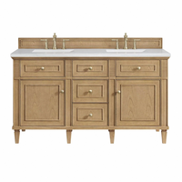 Meuble-lavabo de salle de bain d'hôtel en chêne clair naturel sur mesure, style classique en bois massif, miroir LED, plan de travail en quartz, double vasque en céramique 60''