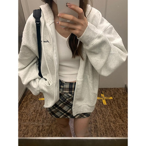 Grey Korean Style Fleece Lined Sweatshirt Women Winter Hooded Drawstring Zipper <b>Cardigan</b> Casual Loose Top - Product Image 2