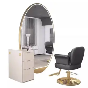 Modern Simple Gold round Salon Mirror Single Sided with LED Lighting Wall Mirrors for Beauty & Nail Salons Barber Shop Station