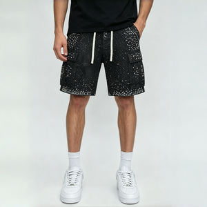 Pantalones Cortos Cargo de Mezclilla para Hombre, Verano, Cintura Ajustable con Cordón, Bolsillos Laterales Grandes, Adornados con Pedrería Brillante - Product Image 1