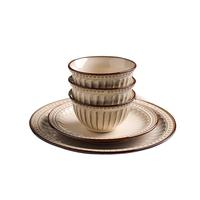 Service de vaisselle en céramique écologique style vintage français, avec glaçure craquelée et motifs en relief, assiettes et bols, pour mariages et restaurants, résistant à la chaleur
