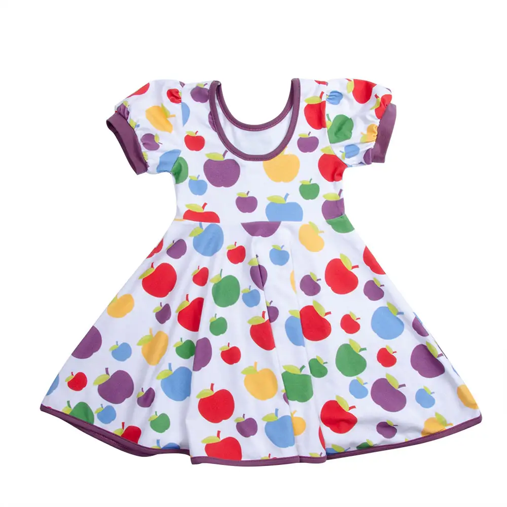 Infant/Toddler Girls - Pretty Puff Sleeve Apple Printed Dress Baby Dress Hot Sale OEM Made Dresses For Girls